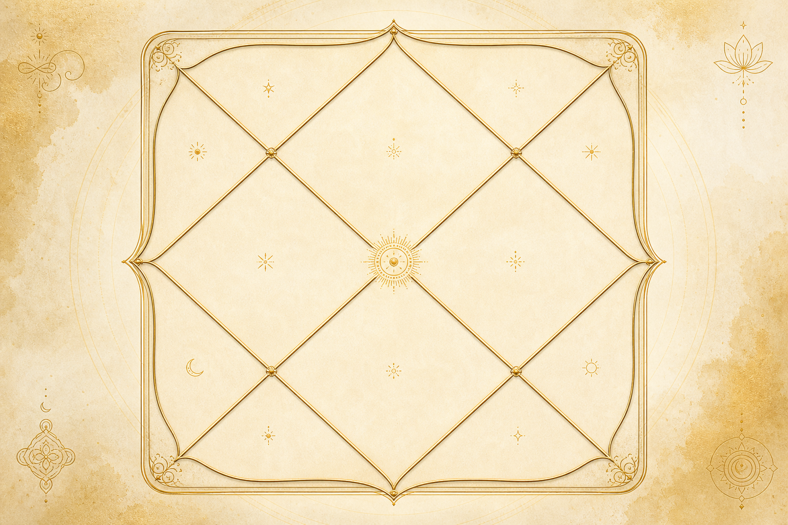 Stylized Jyotish birth chart grid—cosmic rhythm and chart wisdom