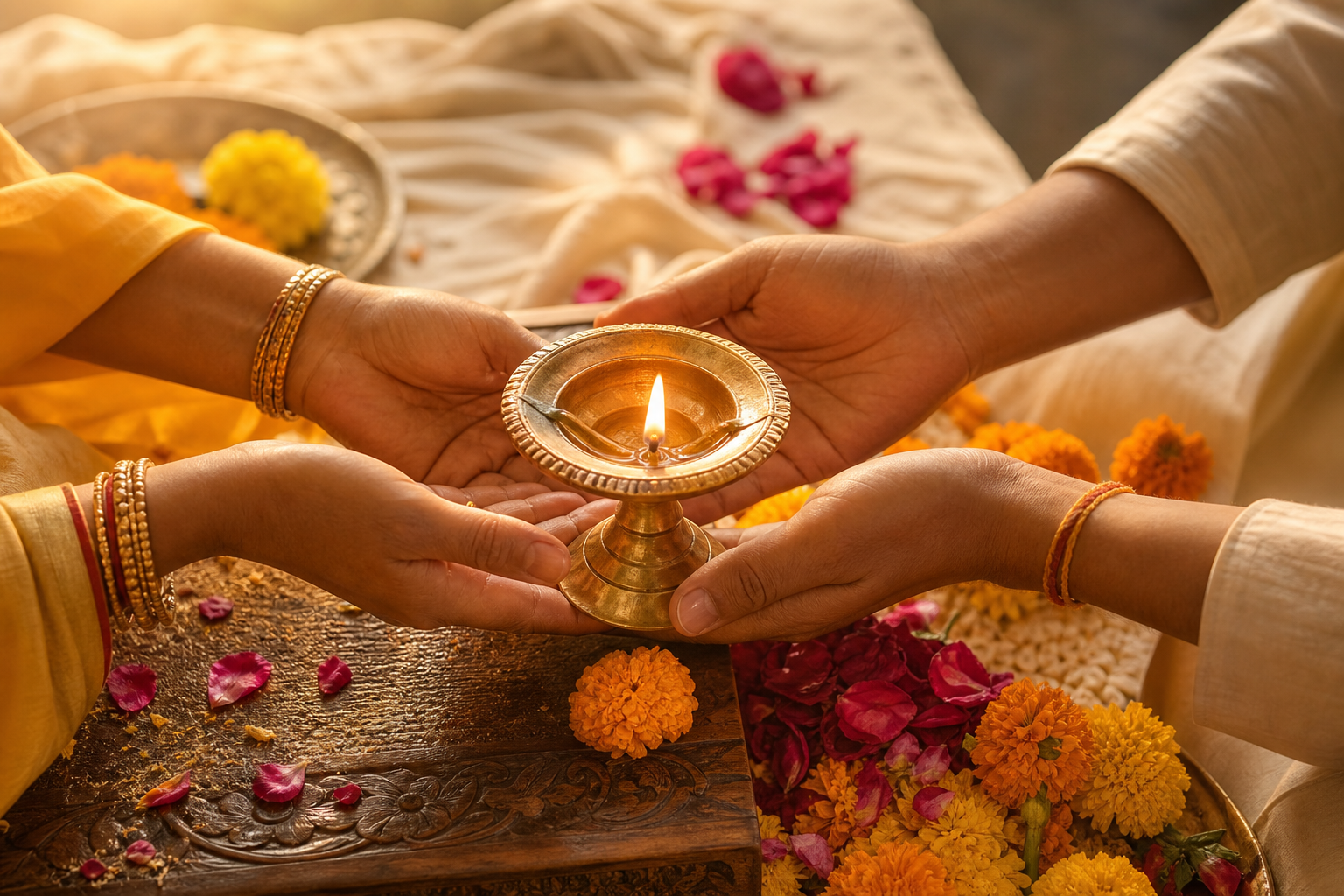 Hands offering lamp and flowers—seva and heartfelt devotion