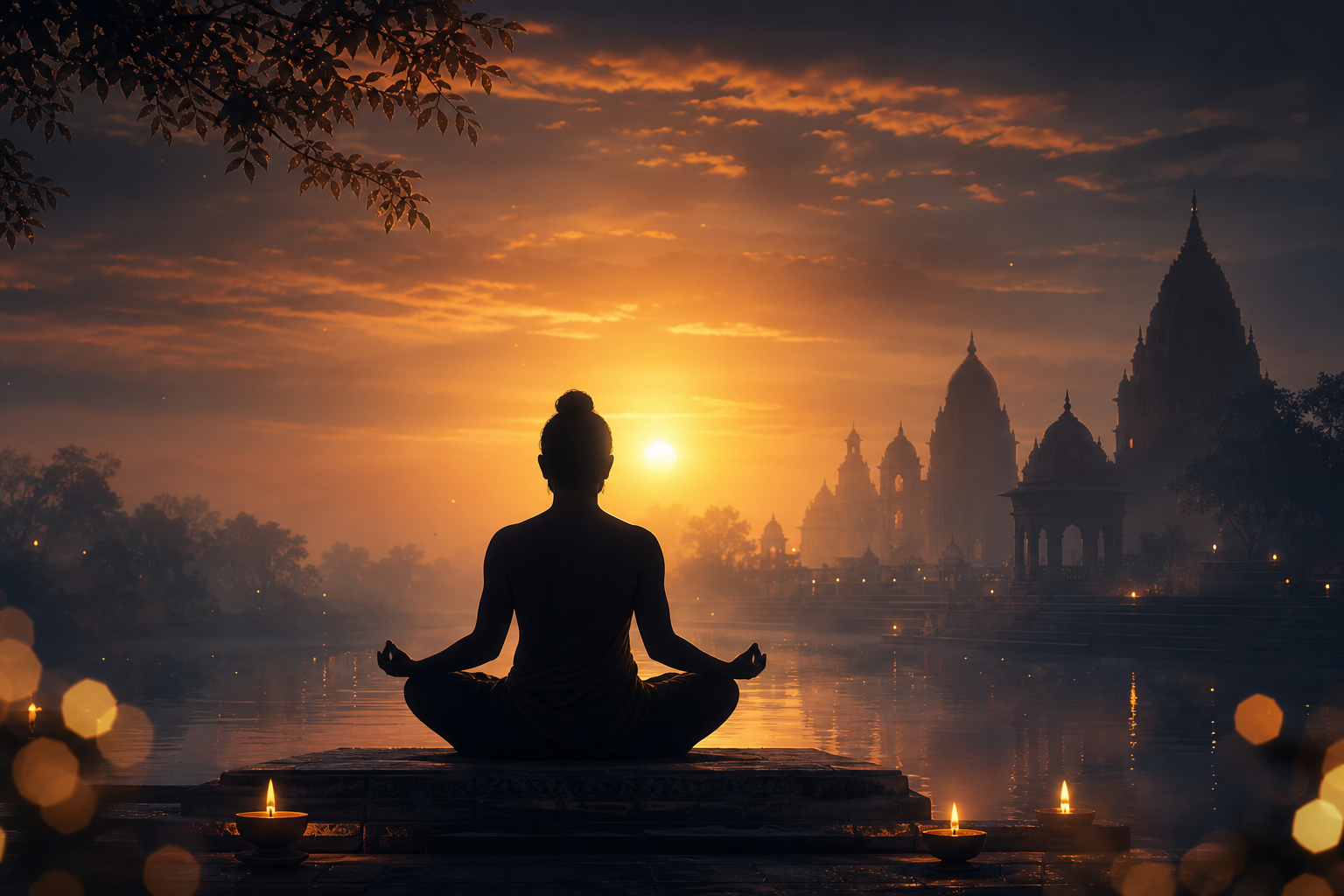 Meditation and stillness—dhyana, soft light, and inward focus