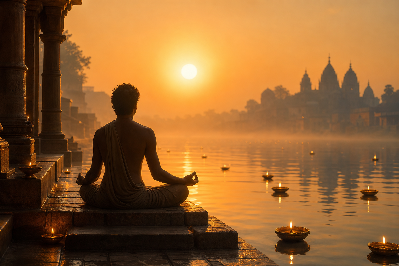 Rekai hero scene—dawn over sacred waters, meditation silhouette, floating lamps, soft golden mist